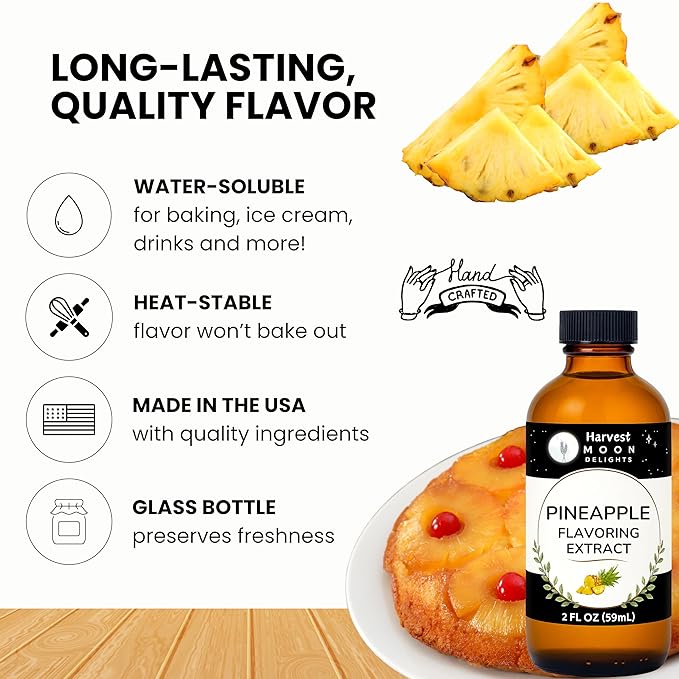 Natural Pineapple Extract for Baking, Ice Cream, Drinks, and Candy - 2 oz - Water-Soluble - By Harvest Moon Delights - Pineapple Flavoring, Flavor