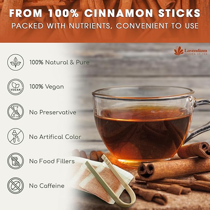 Lavendium, 20 Pure Cinnamon Tea Bags, Made of 100% Natural Cinnamon Sticks, Herbal Tea, No Additives, No Caffeine, No Gluten, Vegan.