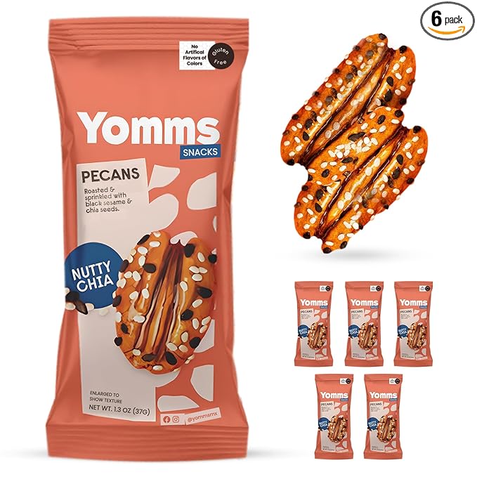 Yomms Nutty Chia Pecans Halves – Low Sugar Healthy Dessert Snack | Coconut & Crunchy Pecan Snack | Lightly Sweetened, Honey Roasted Mixed Nuts | Great for Snacking, Salads - 1.3oz - Pack of 6