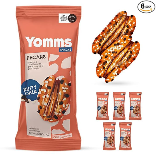 Yomms Nutty Chia Pecans Halves – Low Sugar Healthy Dessert Snack | Coconut & Crunchy Pecan Snack | Lightly Sweetened, Honey Roasted Mixed Nuts | Great for Snacking, Salads - 1.3oz - Pack of 6