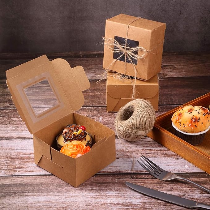 50 Pieces Bakery Box with Window Cookie Boxes Mini Kraft Boxes Gift for Pastries, Candy, Pie, Cupcakes, Soap Packaging for Homemade Soap (4 x 4 x 2.5 Inch, Brown)