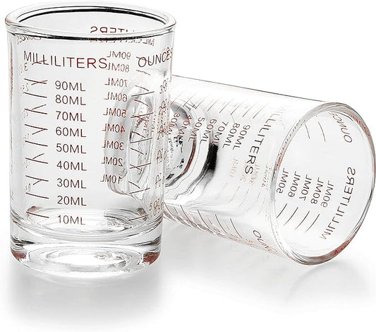 2 PACK Measuring Cup Shot Glass 3 Ounce/90ML Liquid Heavy Glass Red Scale