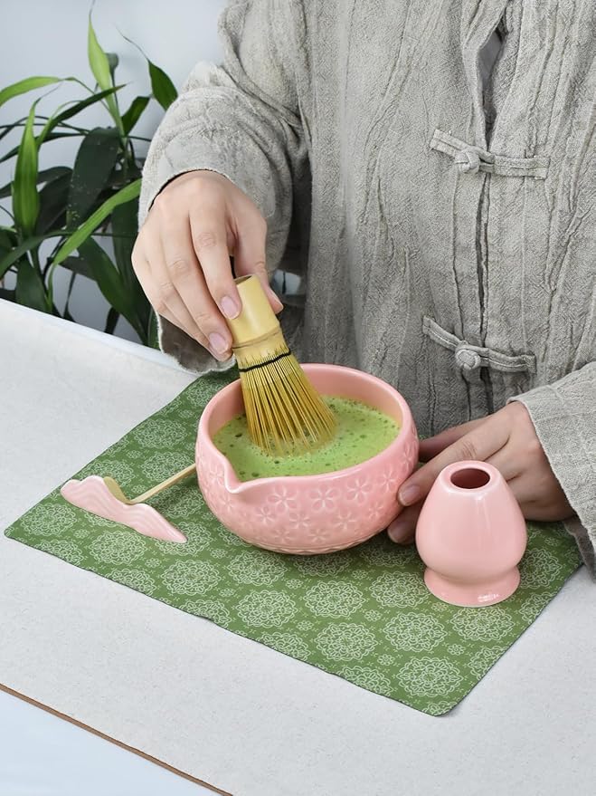 Artcome Matcha Tea Set – Pink Sakura Embossed Ceramic Bowl 17oz with Bamboo Whisk, Whisk Holder, Strainer, Scoop, Tea Spoon, Cloth – Complete Japanese Matcha Kit for Tea Ceremony & Gift