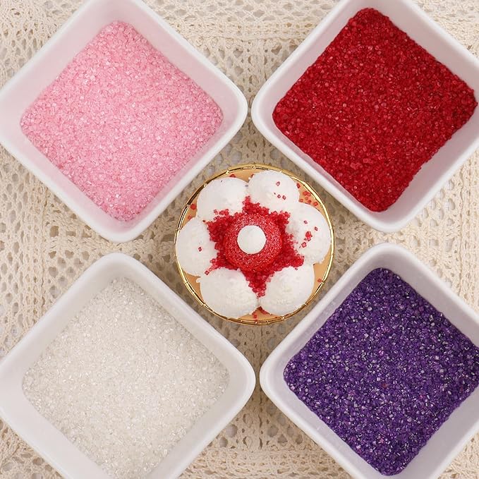 Sanding Sugar Valentines Sprinkles for Cake Decorating, 4 Colors Sparkling Purple Pink Red and White Decorating Coarse Sugar Crystals Sprinkles for Cake Cupcakes Cookie Ice Cream Baking Topping