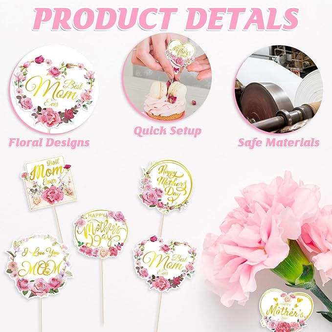 12 Pcs Happy Mothers Day Cupcake Topper, Flower Gold Foil Shape Mother's Day Cake Picks, Best Mom Ever Love You Mom Mother's Day Cake Sticks, Mom Cake Decorations for Mothers Day Party