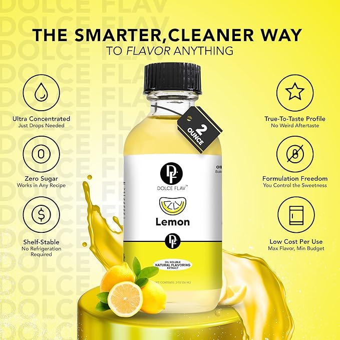 Dolce Flav Natural Lemon Extract – 2 Ounce Oil-Soluble Kosher, Sugar-Free, Concentrated Fresh Citrus Lemon Flavor for Baking, Chocolates & Desserts, Includes Measured Dropper, Pack of 2