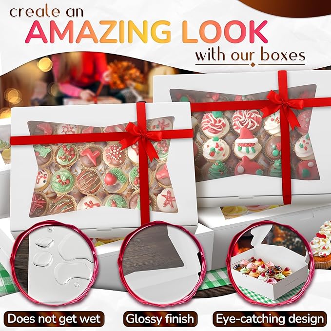 NADOBA 10 Pcs Half Sheet Cake Box Rectangle Set – Durable 19x14x4 In Cardboard Boxes with Window, Flip Top, White Bakery Boxes for Cookies, Cupcakes, Macarons – Recommended for Cake Boards and Stands