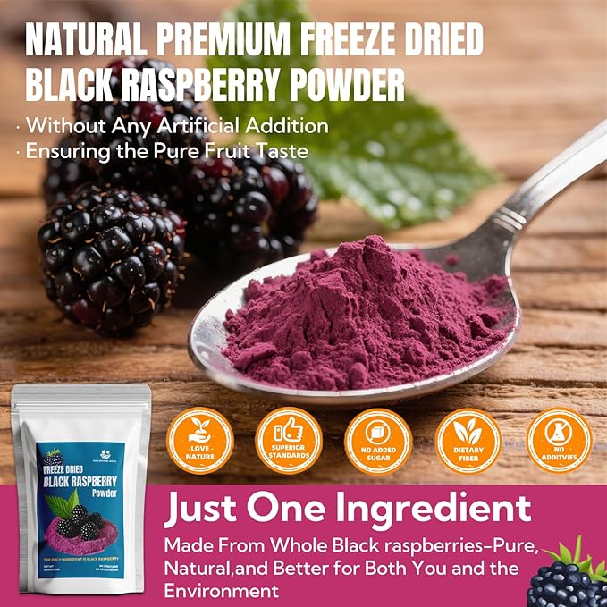 Premium Freeze Dried Black Raspberry Powder 5.29oz (150g),No Added Sugar | No Additives,80 Fresh Black Raspberries Concentrated,No Clumps,for Baking,Smoothies,Yogurt,Desserts | Raspberry Extract Superfood