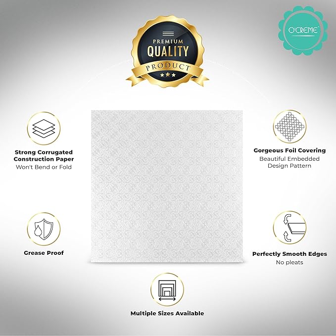 O'Creme White Square Cake Board - Gorgeous Design, Sturdy & Durable 1/2" Thick Drums, 12" x 12" Inch, Pack of 5 Disposable