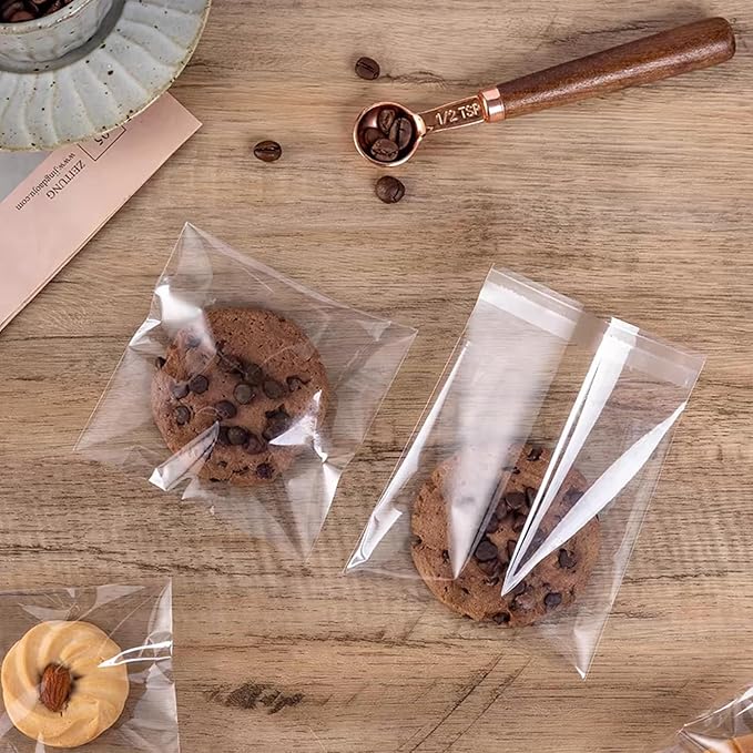 SUREHOME Cookie Bags with Seal 4x4 In Clear Self Sealing Cellophane Bags 100 Pcs Small Sealable Treat Bags Self Adhesive Cookie Packaging Individual Candy Gift Giving Wrappers