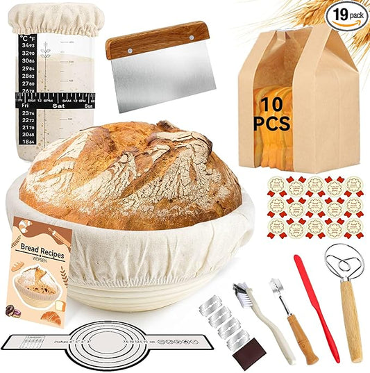 Sourdough Starter Kit, Banneton Bread Proofing Basket with Glass Sourdough Starter Jar, Sourdough Bread Baking Supplies, 9'' Round Bread Proofing Basket, for Bread Making Baking Fermentation