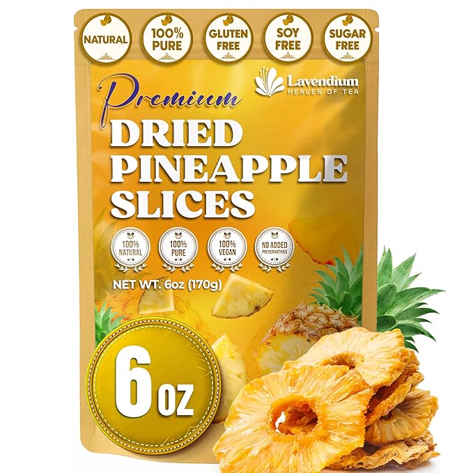 Lavendium, Dried Pineapple Slices 6oz – Premium Quality, Naturally Sweet & Tangy, Tropical Snack, Non-GMO, No Added Preservatives, Resealable Bag. Vegan