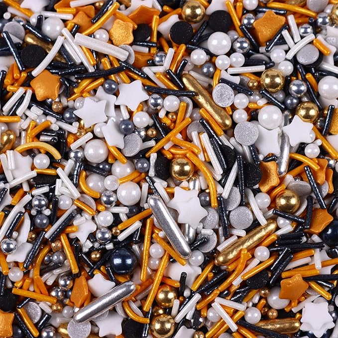 Black Sprinkles for Cake Decorating, 3.52oz Graduation Candy Sprinkles, Metallic Gold and Silver Sugar Candy for Cupcakes Baking Ice Cream Cookies, Wedding Birthday Party Decorations