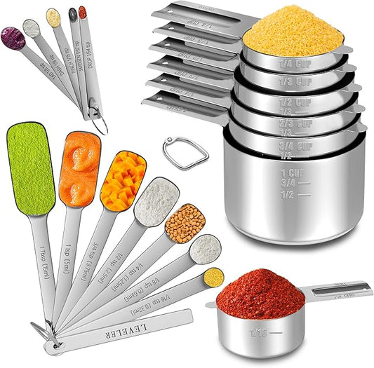 Stainless Steel Measuring Cups and Spoons Set of 20, 7 Nesting Measuring Cups, 7 Spoons & 1 Leveler, 5 Mini Spoon, Kitchen Gadgets for Cooking & Baking, Square