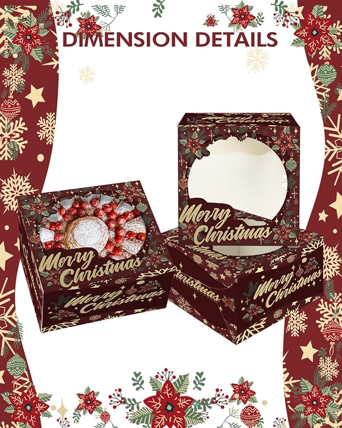 Bakepacker Christmas 4pcs 8x8x5 inches Cake Boxes with Window 4-Packs, 8 Inch Bakery Box Colorful Christmas