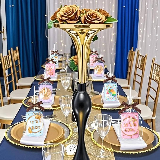 RomanticBaking 50 Sets Clear Rice Krispie Treat Bags with Brown Ribbon Bow and Stick & Flat Cellophane Clear Bags for Rice Krispie Treats Gift Giving Bag(Gold)