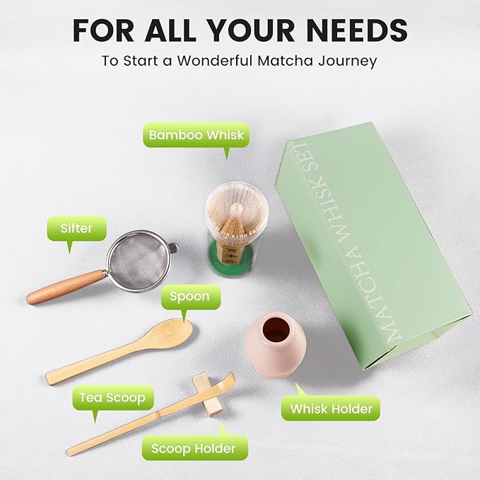 COANTO Matcha Whisk Set - Includes Sifter Bamboo Whisk (Chasen), Tea Spoon, Pink Spoon Holder, Scoop and Whisk Holder, 6pcs (No Bowl Included)