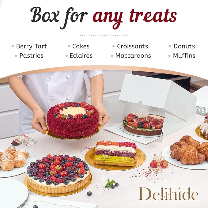 Premium Cake Boxes with Cake Boards Set - 12 Front-Loading Sturdy Cardboard Cake Boxes 10", 12 White/Gold Greaseproof Boards 10 Inch - Window Cake Box Set