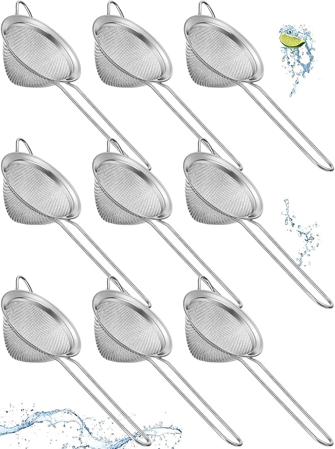 Epakh 9 Packs Stainless Steel Small Strainer, Fine Mesh Steel Cone Shaped Cocktail Strainer for Juice, Tea Herbs, Coffee Drinks, Long Handle Coffee Food, 3.2 Inches Silver