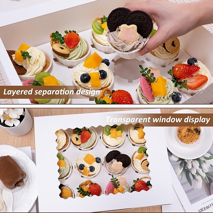 10 Set Cupcake Boxes Cardboard Cupcake with Pvc Window Picnic Containers with Inserts 12 Holders Dessert Containers for Packaging Transport Storage White Bakery Boxes for Egg Tarts Cookies Pastries