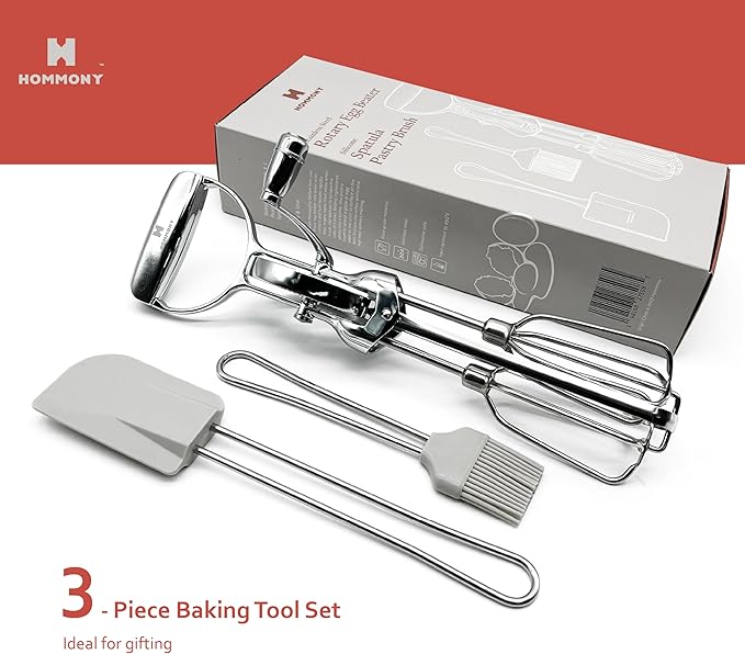 Rotary Egg Beater 12", Stainless Steel Baking Set with Silicone Spatula and Basting Pastry Brush