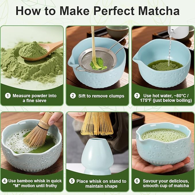 Matcha Set, 9 Pcs Ceramic Matcha Set Includes Bowl, Whisk and Holder, Bamboo Scoop, Scoop Rest, Sifter and Tea Towel ect- Complete Kit for Traditional Matcha, Modern Lattes (Blue)