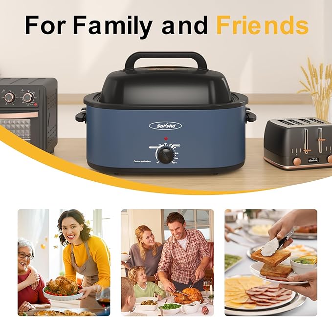 Sunvivi 22 Quart Electric Roaster Oven Turkey Roaster with Lid Electric Roasters with Removable Pan Large Roaster,Visible & Self-basting Lid, Fast Heating & Thaw/warming Setting,Dark Blue