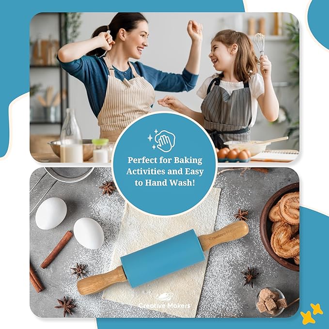 Small Rolling Pin for Kids, Non-Stick Silicone Surface with Wooden Handles for Play Dough and Baking Rolling Pin (Sky Blue)