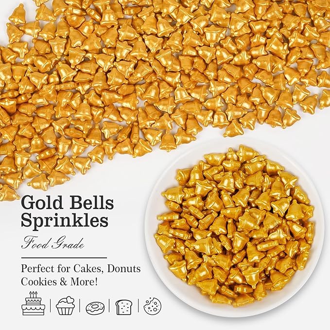 Christmas Bells Sprinkles for Cake Decorating, Gold Bells Sugar Sprinkles Edible, 150g/5.29oz, Perfect for Cake Decoration, Cupcake, cookies Decorations, Baking, foodgrade
