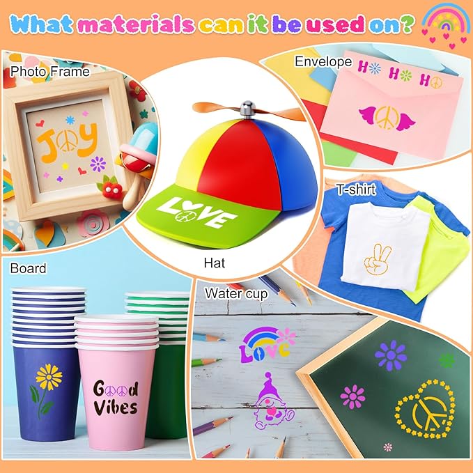 Fainne 100 Pcs Stencils for Painting on Wood Reusable Stencil Crafts Drawing Templates Holiday Wall Paper for DIY Scrapbook Home 2 x 2 Inch (Groovy Party)