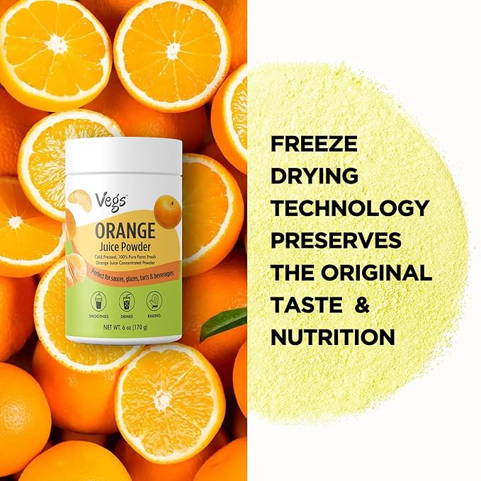 Vegs Orange Fruit Juice Powder - Freeze Dried & 100% Natural Orange Juice Concentrate - Flavoring Powder for Drinks, Smoothies & Baking - Sugar-Free, No Preservatives, Non-Gmo - 6 oz