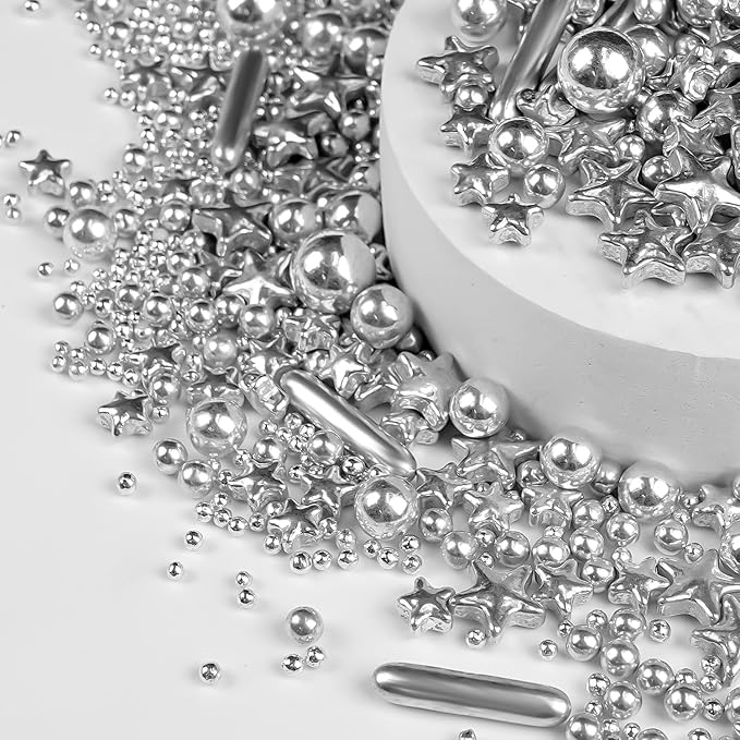 Silver Pearl Rods Star Sugar Christmas Sprinkles, Silver Sprinkles for Cake, Edible Pearls Baking Candy, 150g/5.29oz Mix Size, Cupcake Decoration, Wedding Party Supplies