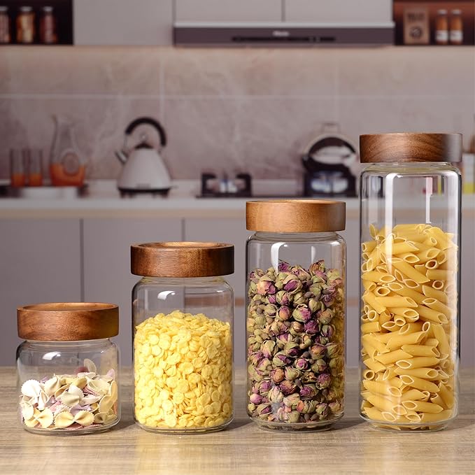 24 oz/710 ml Glass Jar with Airtight Wooden Screw Top Lid, Clear Stackable Food Storage Canister, Medium Cute Decorative Glass Container for Coffee, Candy, Cookie, Sugar, Oatmeal, Salt, Spice
