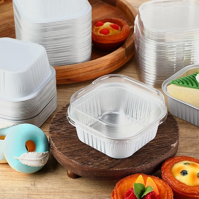 Aoriher 300 Pieces 10 oz Mini Cake Pans with Lids, Aluminum Foil Baking Cups, Square Disposable Cupcake Cups Baking Tins for Wedding Birthday Party Supplies(White, Silver)