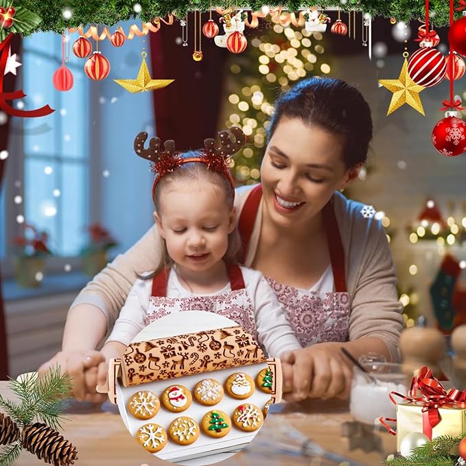 Christmas Rolling Pin 2 Pack, Snowflake Embossed Wooden Rolling Pin for Baking, Non-Stick Patterned Dough Roller for Christmas Cookies, Pie Crust, Holiday Baking Tools & Supplies (2 Piece Set)