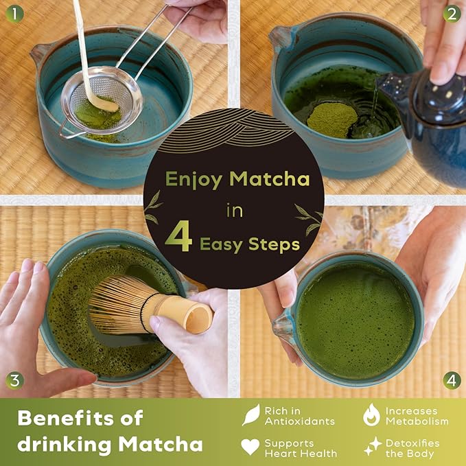 HIBINO Japanese Matcha Set | Matcha Bowl with Spout | Whisk & Holder | Bamboo Scoop & Stainless Sifter | 5-Piece Traditional Matcha Kit | Designed in Japan |「Rustic Teal」