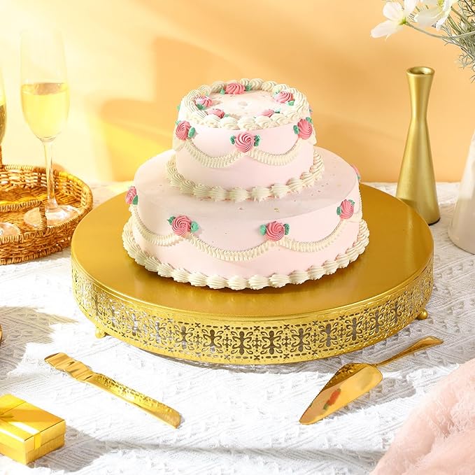 Wenqik Gold Cake Stand, 18 Inch Large Metal Round Cupcake Dessert Stand with Cake Knife and Server Wedding Cupcake Display Holder Cookies Serving Tray for Wedding Birthday Baby Shower Party