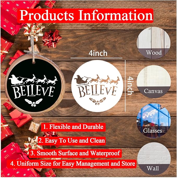 Small Christmas Stencils for Painting on Wood Reusable 4in Round Small Holiday Merry Christmas Stencils Ornament Stencil for Wood Cards Scrapbook Journal Cookie Glass (20pcs Words 4in Round)