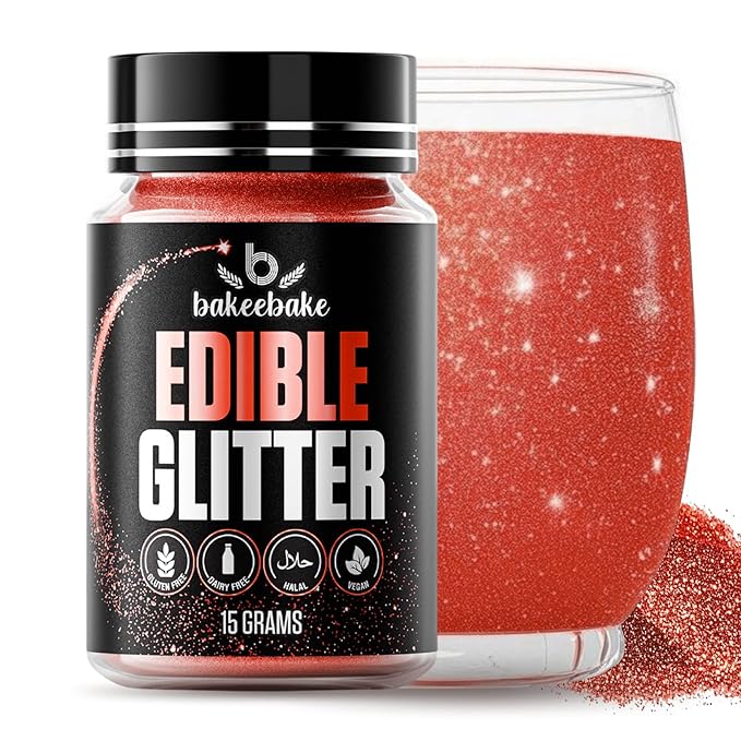 Bakeebake Edible Glitter 15g - Edible Glitter for Drinks & Desserts - Gluten Free Cake Decorating – Tasteless Vegan Drink Cocktails and Parties (Red, 15 grams)