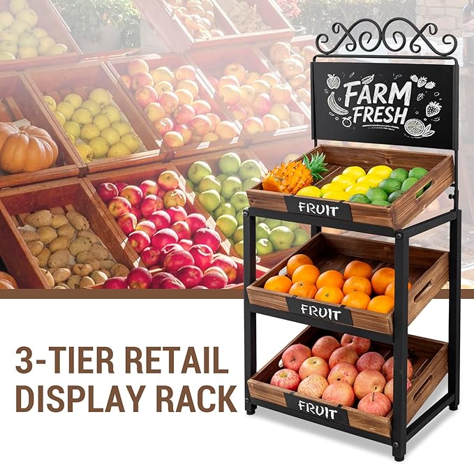 MyGift Fruit Stand and Produce Stand with Burnt Wood Trays, Bakery Display Rack, Bread Display Shelf, 3-Tier Vintage Metal Design with Chalkboard Signs