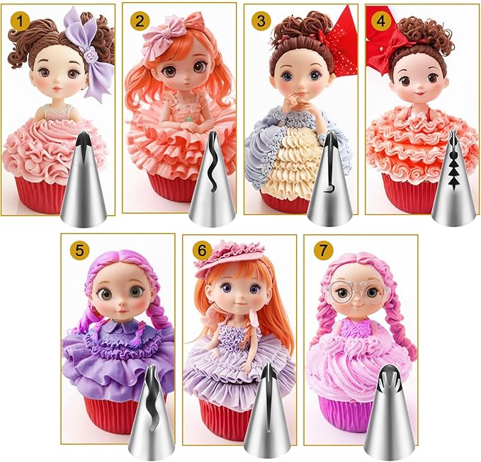 7PCS Pleated Skirt Piping Tips with Cleaning Brush, 430 Stainless Steel Frosting Tips Cake Decorating Tip Icing Tip Nozzle Tool for Pastry Bags Cupcakes Cake Decorating