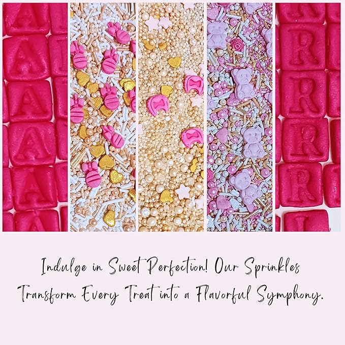 Confect Girls Baby Shower Sprinkles | Mix Gold, Pink & Silver Sprinkles | Pearls Dragees & Jimmies | Asssorted Pack of 5 Mix Heart, Start, Baby Rattle & Teddy Sprinkles | Vegan, Gluten-Free, Nut-Free, Soy-Free, Dairy-Free, Palm Oil-Free - 5 Oz