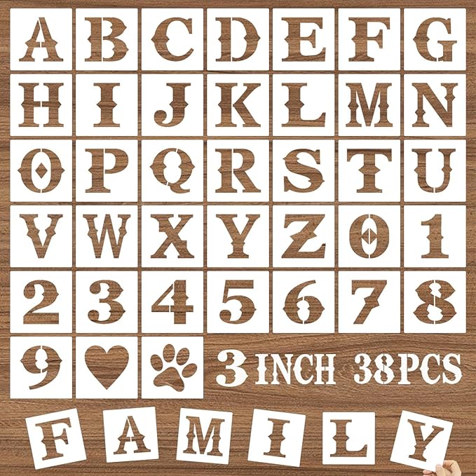 3 Inch Letter Stencils and Numbers, 38 Pcs Alphabet DIY Craft Stencils, Reusable Plastic Drawing Templates for Painting on Wood, Wall, Fabric, Rock, Floor, Signage, Door Porch
