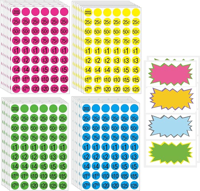 Preprinted Removable Garage Sale Labels, 0.75 Inches,4 Colors, Pack of 2160 and 20 Large Price Stickers