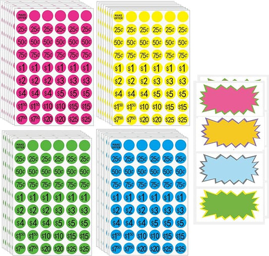 Preprinted Removable Garage Sale Labels, 0.75 Inches,4 Colors, Pack of 2160 and 20 Large Price Stickers