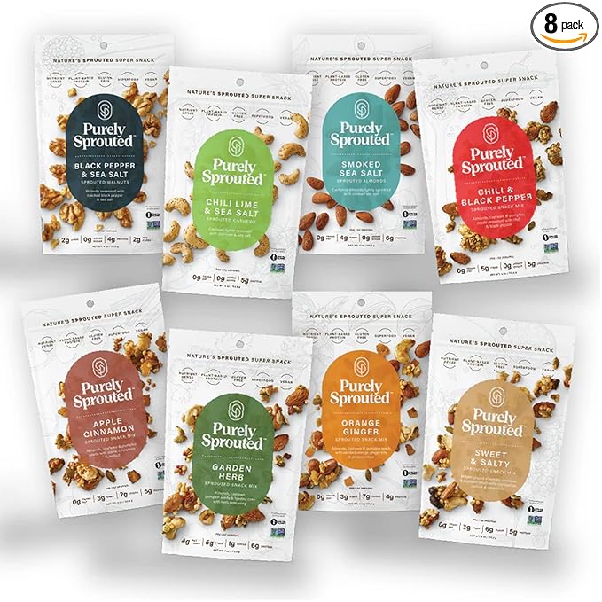 Purely Sprouted Nut and Seeds Snack Individual Packs – Grain and Gluten-Free, Vegan, Non-GMO, High-Protein, On-the-Go Bites - 8 Count