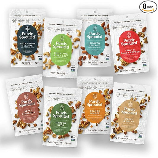 Purely Sprouted Nut and Seeds Snack Individual Packs – Grain and Gluten-Free, Vegan, Non-GMO, High-Protein, On-the-Go Bites - 8 Count