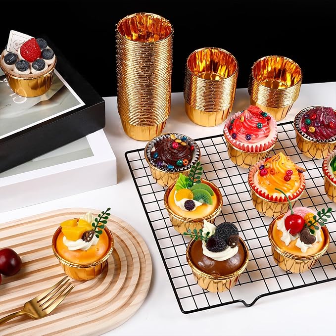 300 Pack Gold Cupcake Baking Cups,3.5 Oz Disposable Foil Muffin Liners,Mini Metallic Foil Cupcake Liners for Baking,Aluminum Ramekin Holders Cups for Birthday Party,Wedding,Festival Supply