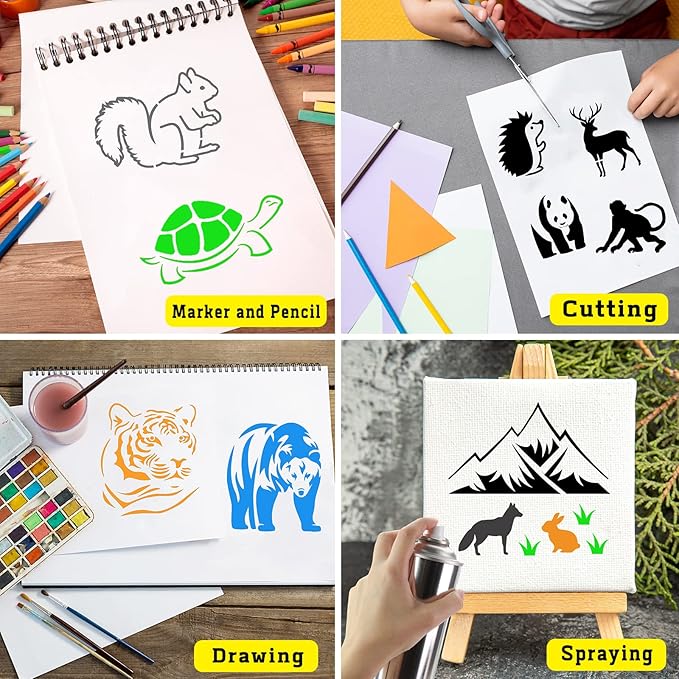 80 Pcs 4 x 4 Inch Stencils for Painting on Wood, Reusable Animal Plastic Stencil DIY Craft Paint Template Set for Wall Home Decor