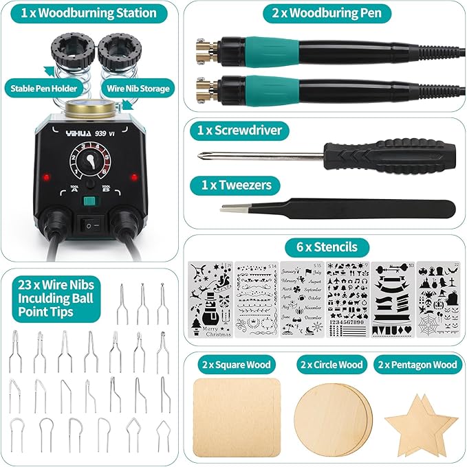 YIHUA 939-VI Dual Wood Burning Pen Wood Burning Kit with 23 Wire Nib in Varied Shapes, Detachable Pyrography Pen, 6 Wood Pieces, 6 Stencils and Screw Driver, Tweezers Used as Wood Burning Tool
